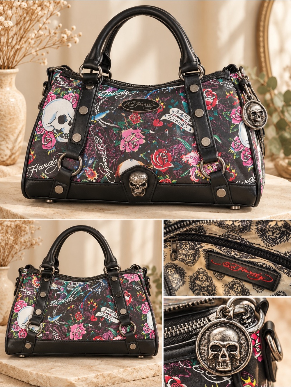 Ed Hardy Black Floral & Skull Satchel with Pink Accents
